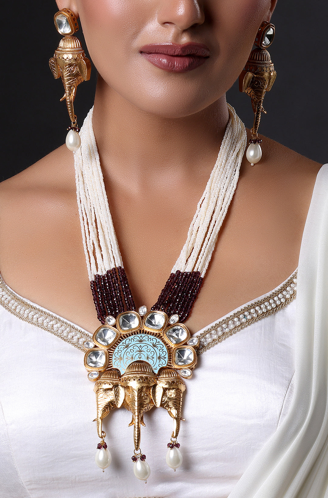 Ganesh Mukha Pendant with Pearl & White Beads Necklace