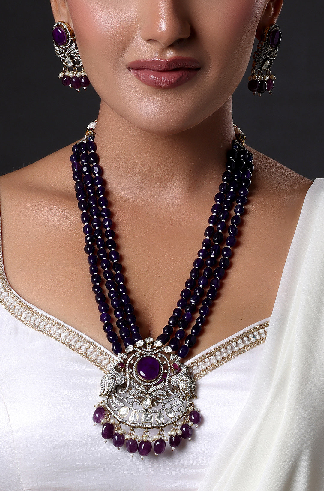 Royal Victorian Flower with Double Bird Pearl Mala Neckpiece