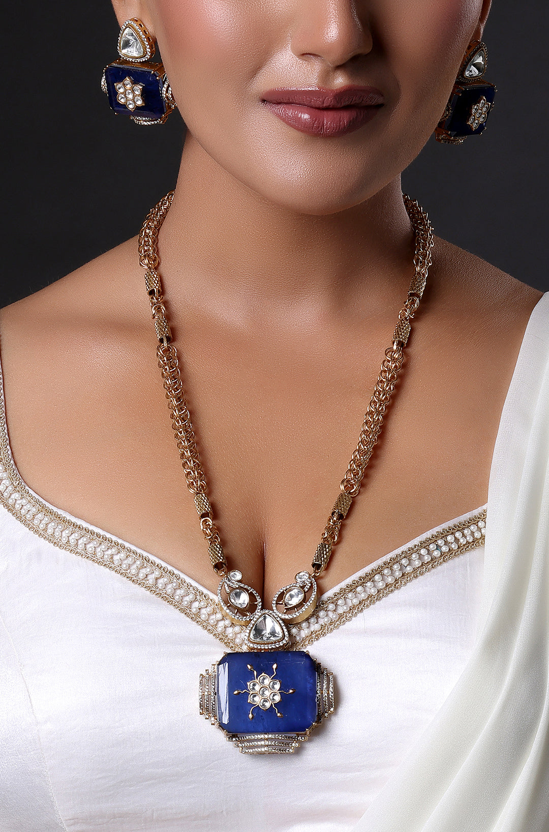 Gold-Plated Kundan-Studded Topaz Stone Long Necklace