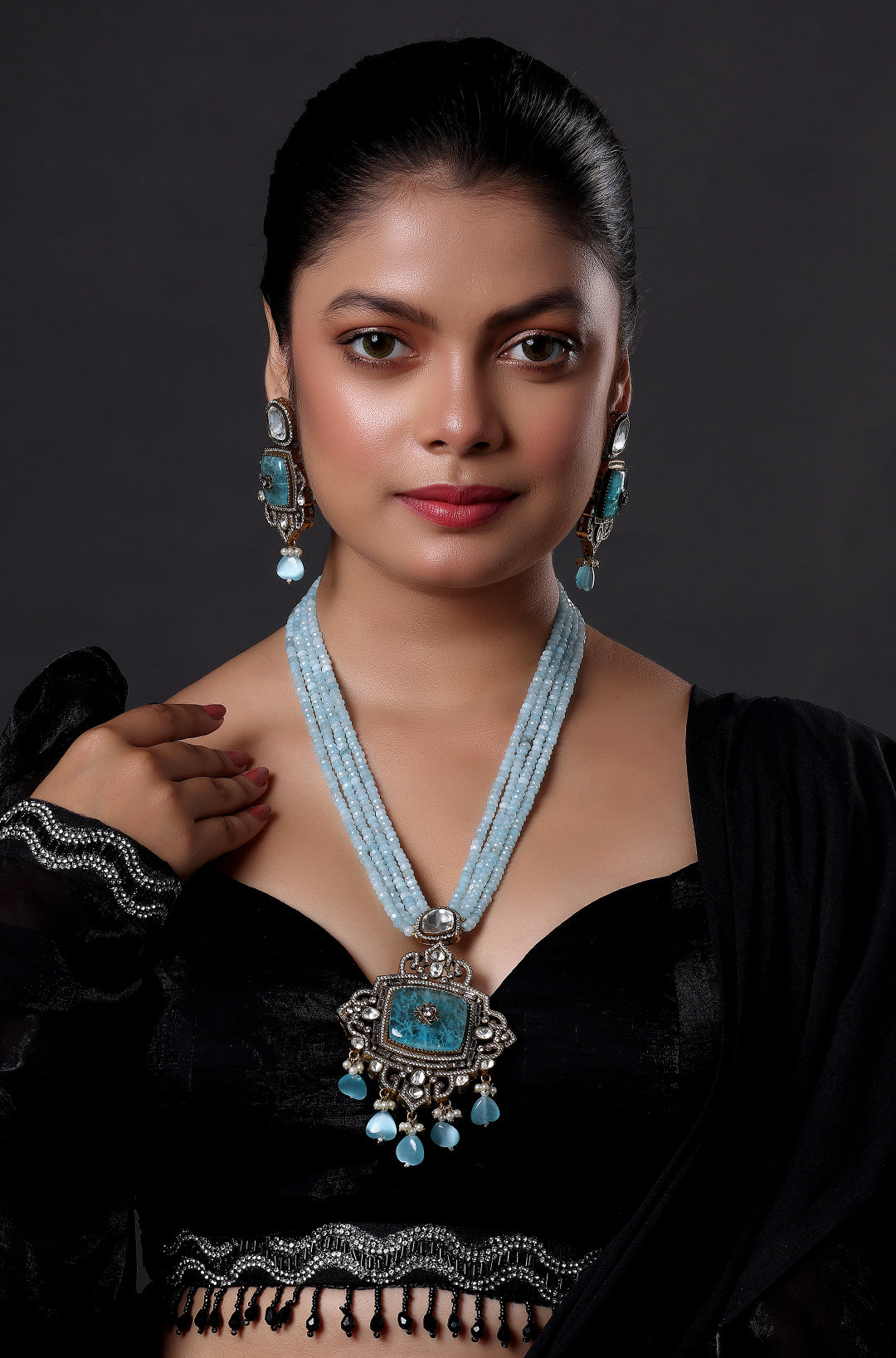 Beautiful Gold Tone CZ Apatite Multi Layer Designer Necklace