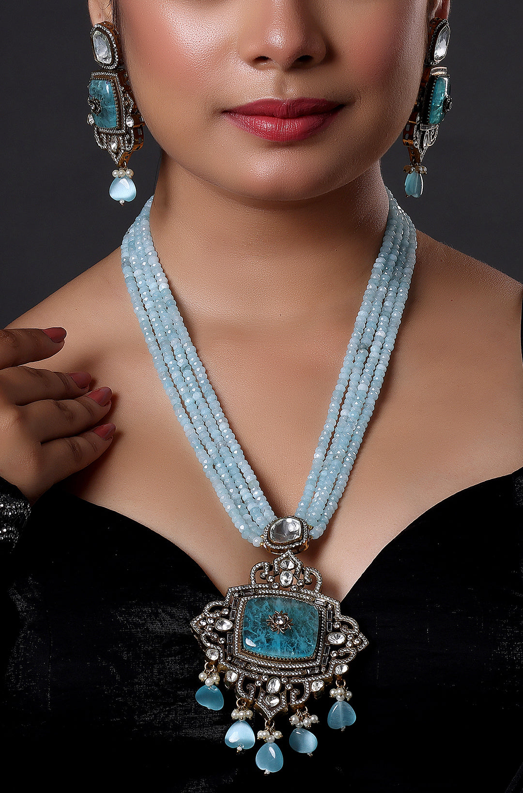 Beautiful Gold Tone CZ Apatite Multi Layer Designer Necklace