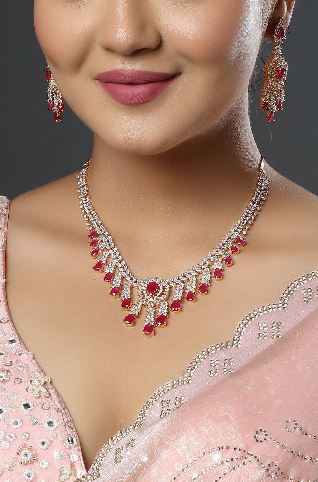 White Finish Zircon & Synthetic Ruby Necklace