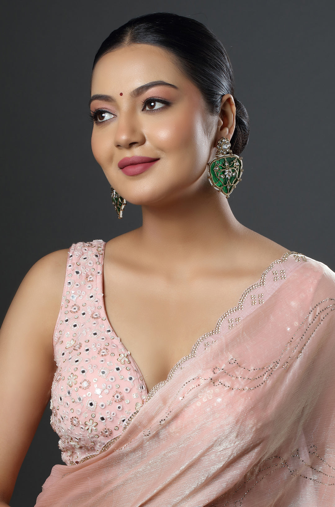 Emerald-Tone Kundan Earrings with Antique Gold Detailing