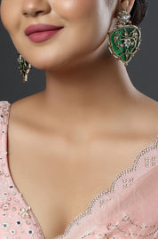 Emerald-Tone Kundan Earrings with Antique Gold Detailing
