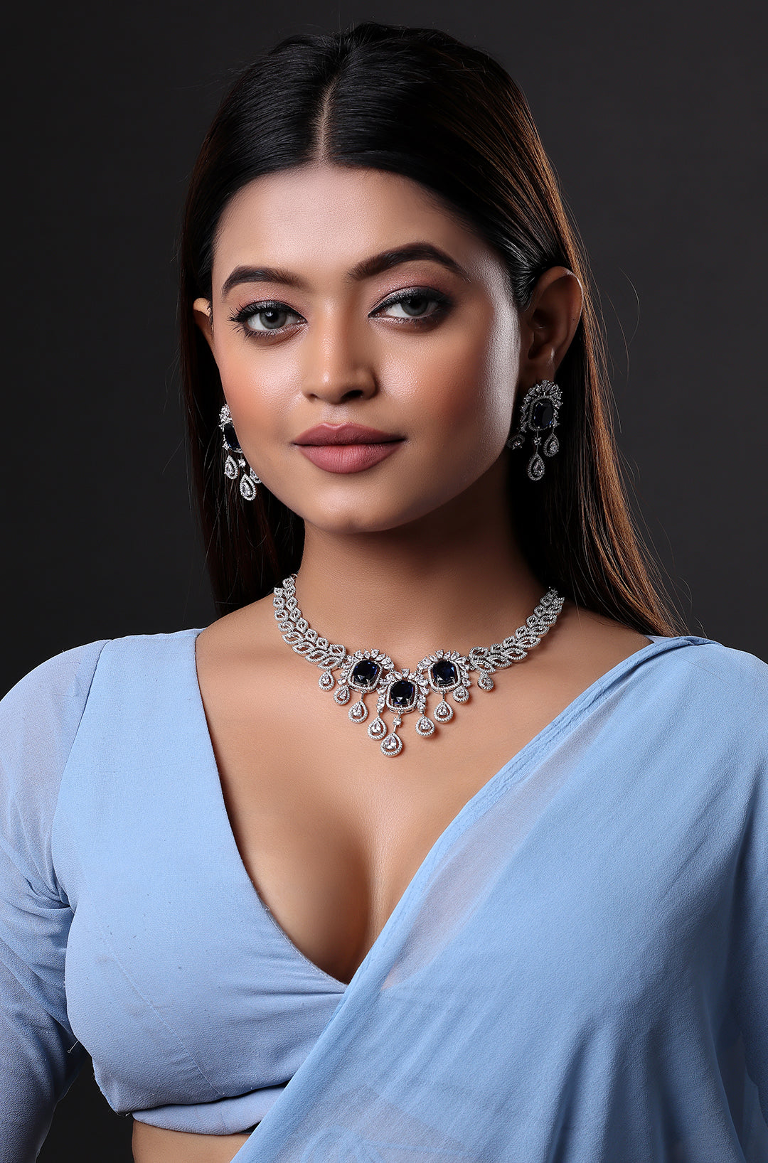 Sapphire Silver CZ American Diamond Necklace