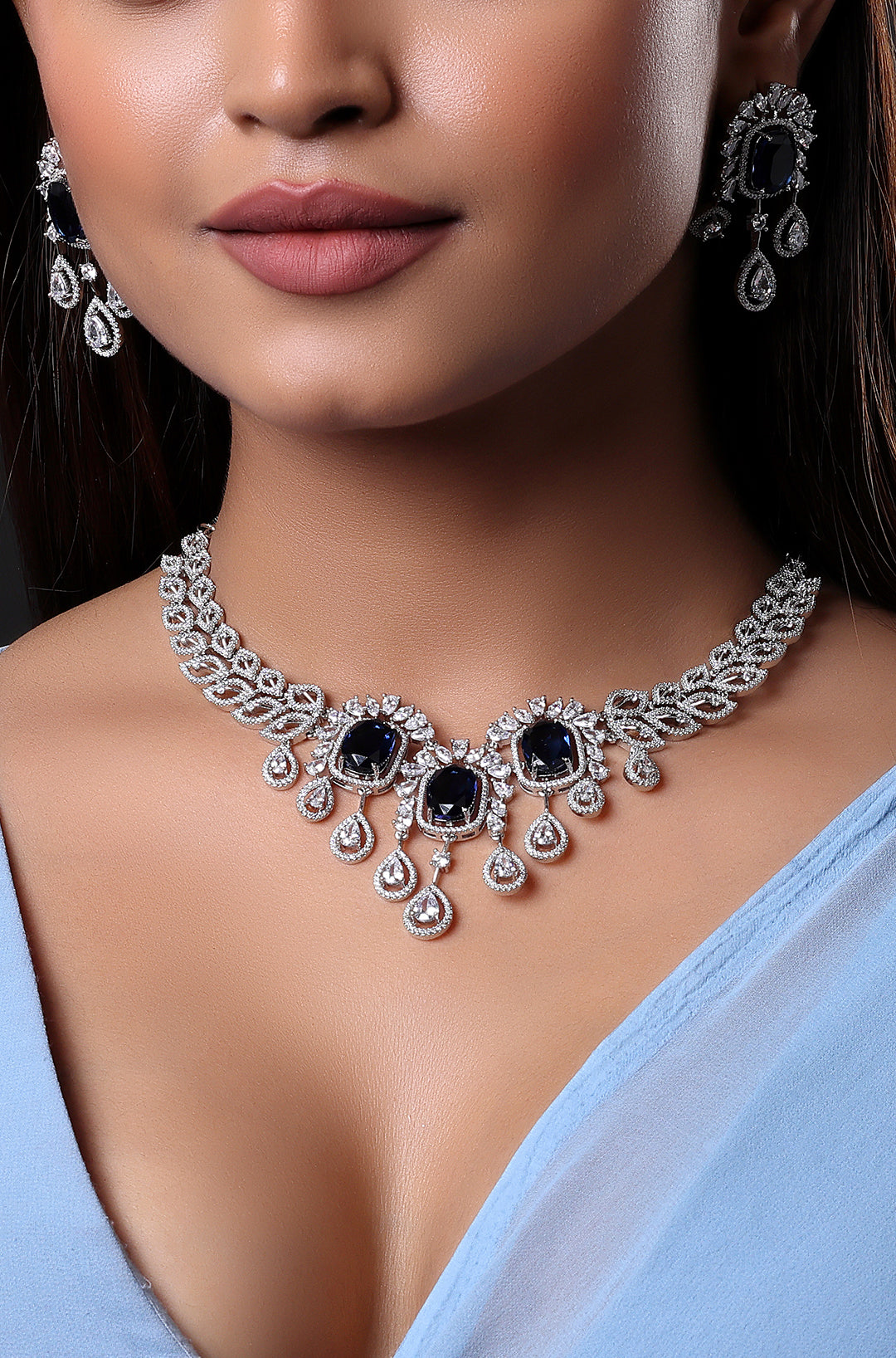 Sapphire Silver CZ American Diamond Necklace