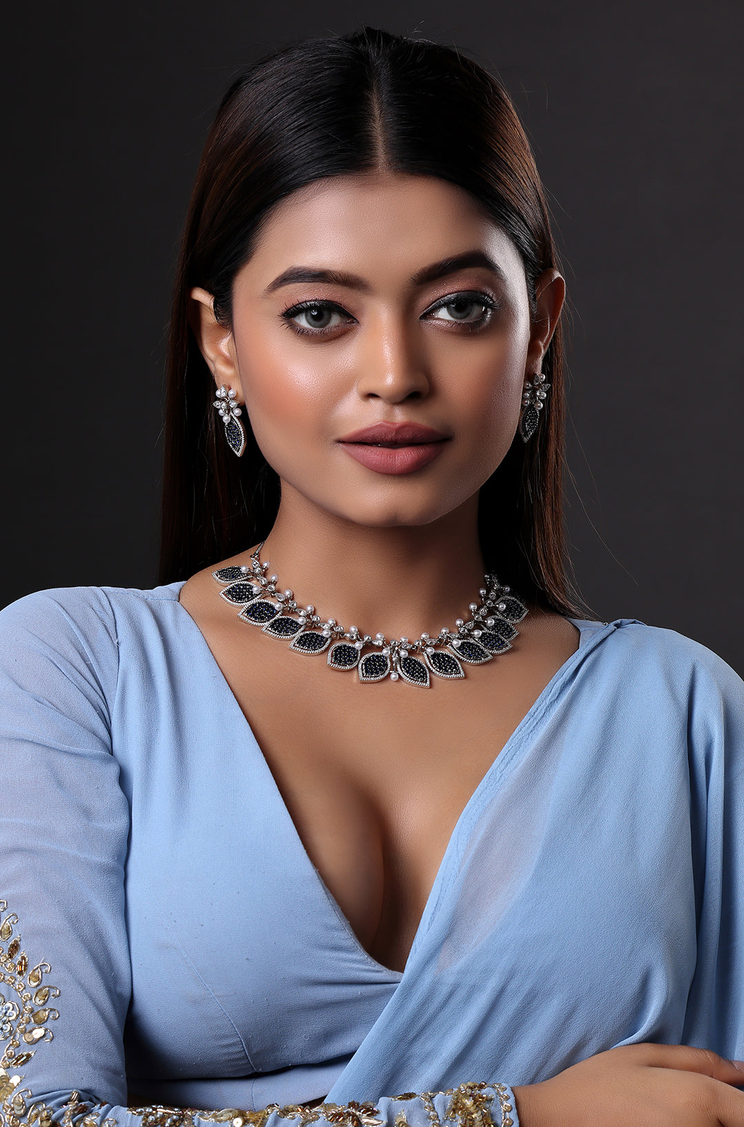 Sapphire and White Cluster Setting Zircons Necklace