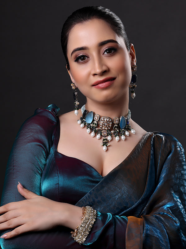 Gold Finish Kundan with Pearl Polki & Blue Stone Choker Necklace