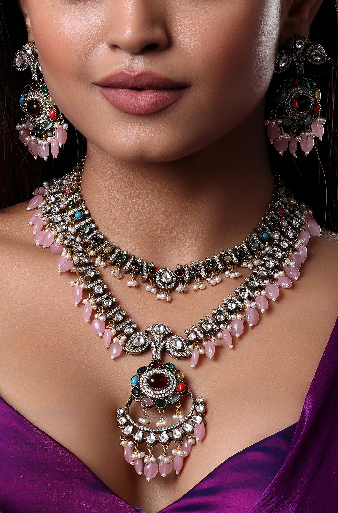 Pink-Coloured Kundan Studded Polki Necklace
