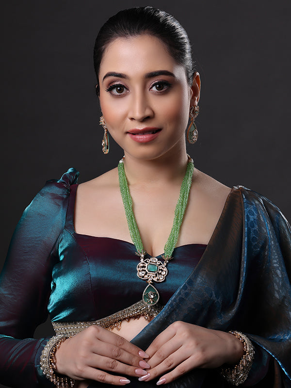Elegant Sterling Green Pendant Kundan Studded Necklace