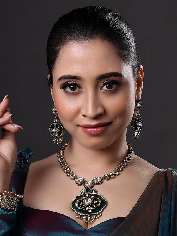 Micro Gold Finish Kundan with Emerald Green Stone Necklace