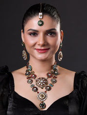 Gold Finish Kundan & Multi-Colored Stone Necklace with Maang Tika