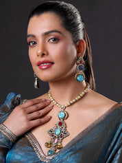 Victorian Polish Maroon and Turquoise Stone with Pearl Necklace