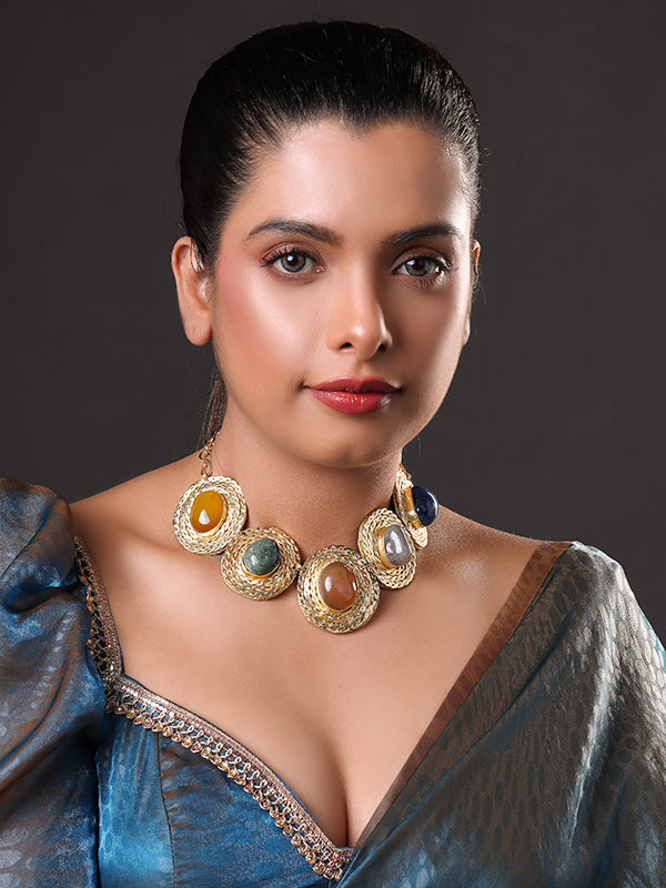 Semi-Precious Stone Choker Style Gold Rope Necklace