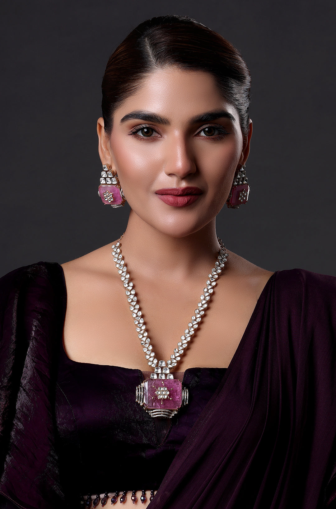 Gold Finish Kundan & Pink Stone Meenakari Necklace