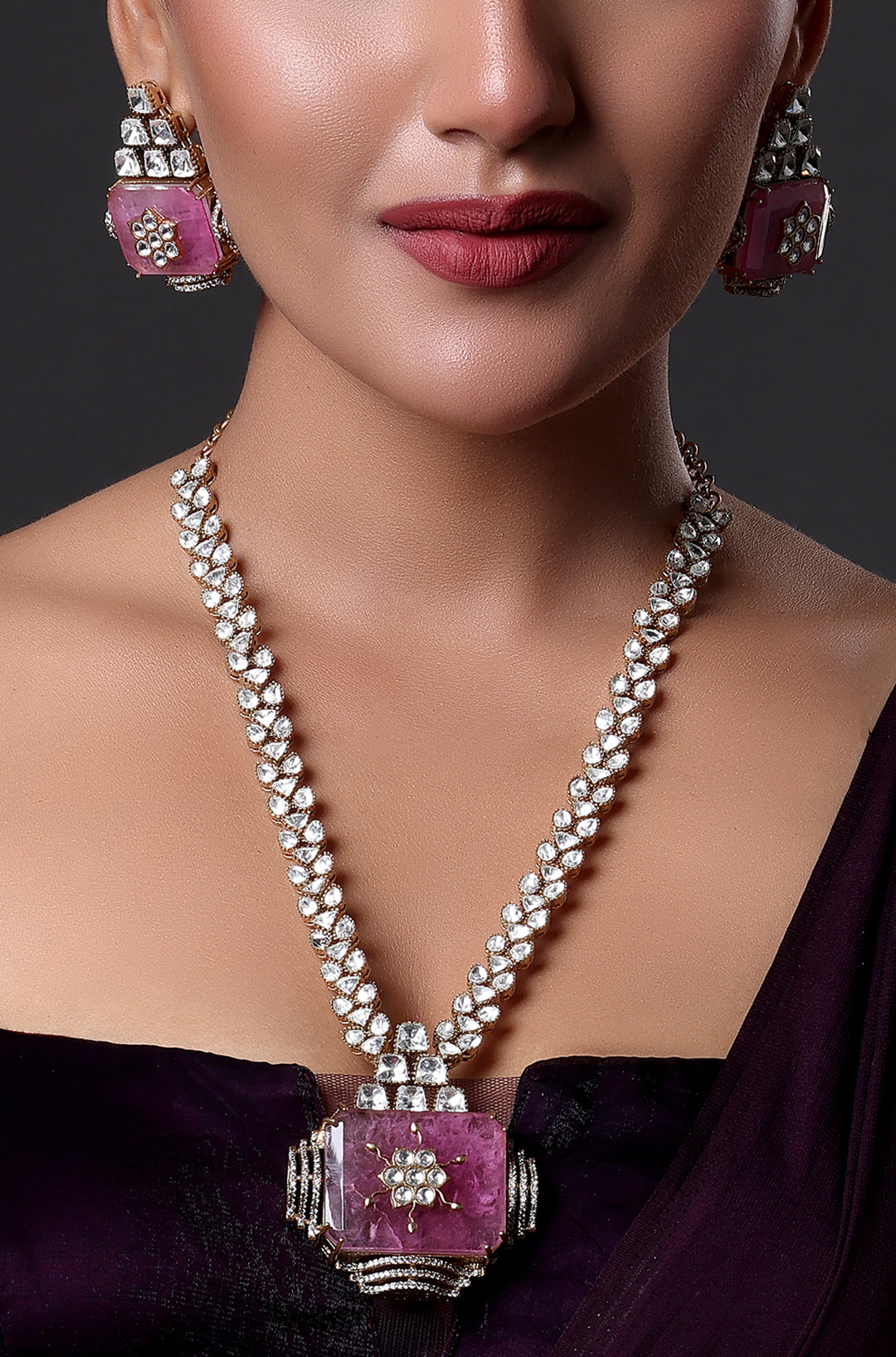 Gold Finish Kundan & Pink Stone Meenakari Necklace