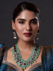 Gold Finish Kundan Polki & Green Agate Beaded Layered Necklace