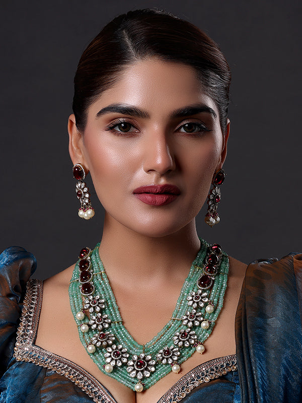 Gold Finish Kundan Polki & Green Agate Beaded Layered Necklace