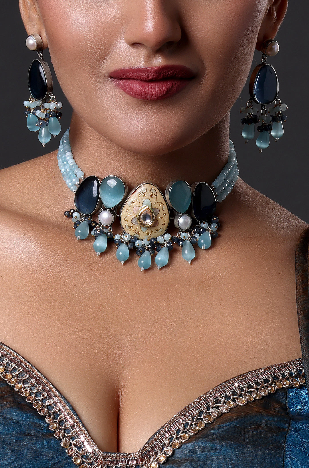Exquisite Blue Moissanite Beaded Choker Necklace