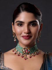 Gold Finish Pachi Kundan Polki & Fine Beaded Choker Necklace
