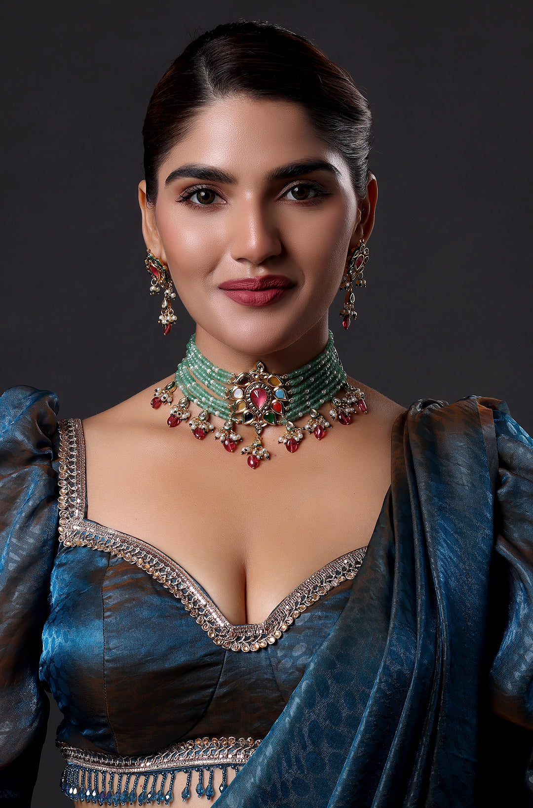 Gold Finish Pachi Kundan Polki & Fine Beaded Choker Necklace