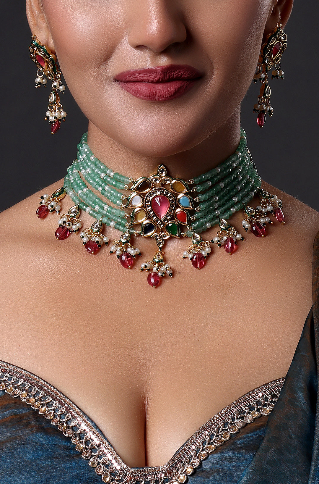 Gold Finish Pachi Kundan Polki & Fine Beaded Choker Necklace