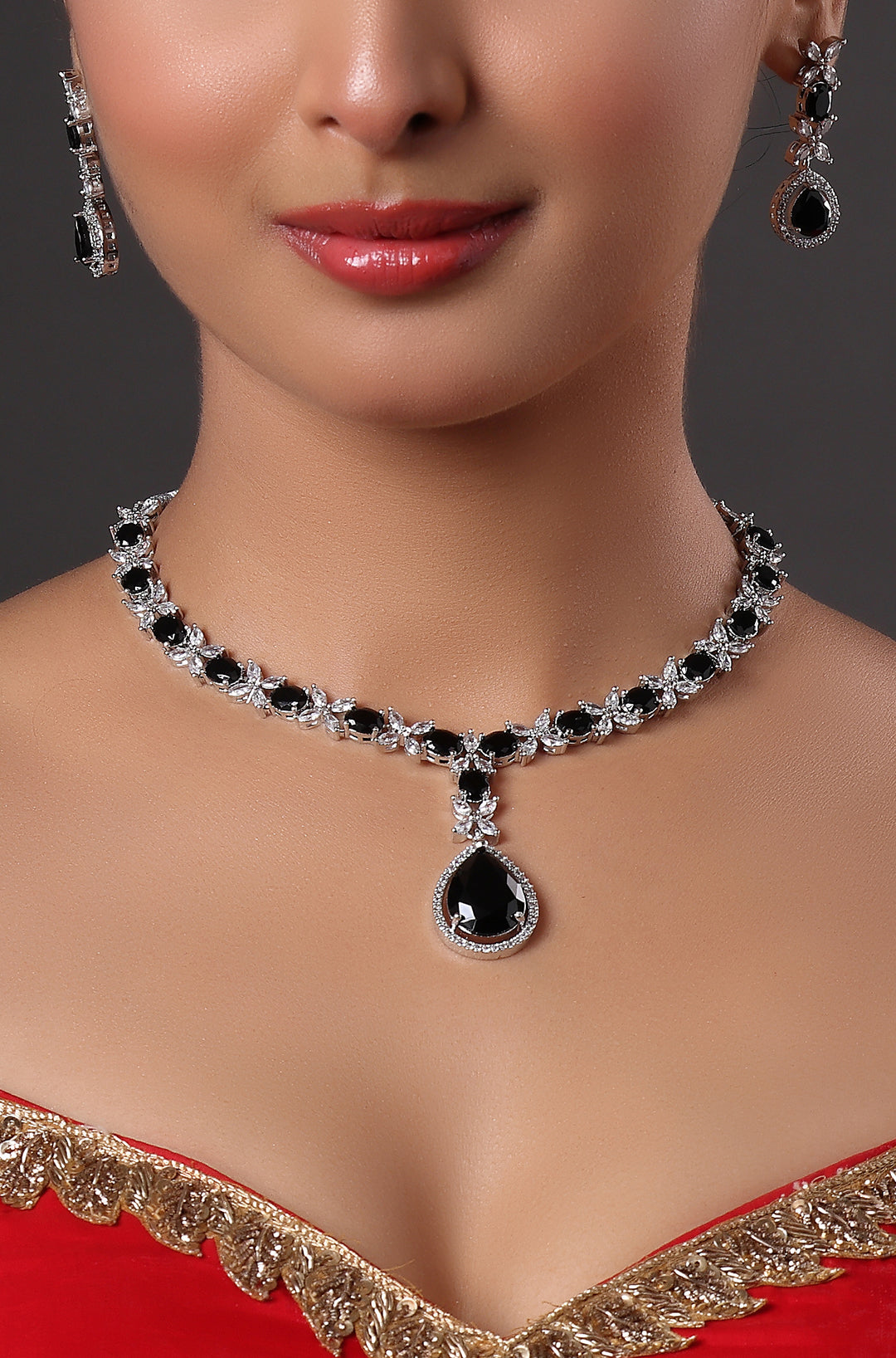 Elegant White Gold Finish Black Cubic Zirconia Necklace