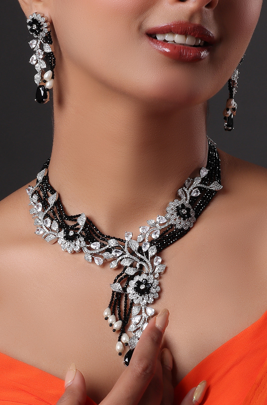 Silver-Tone CZ Sky Black-White Oval Stone Flower with Bead Layered Necklace