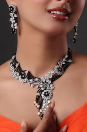 Silver-Tone CZ Sky Black-White Oval Stone Flower with Bead Layered Necklace