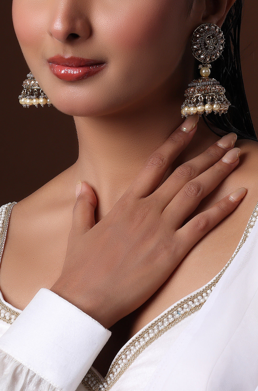 White & Gold Kundan Jhumki With Pearl Polki