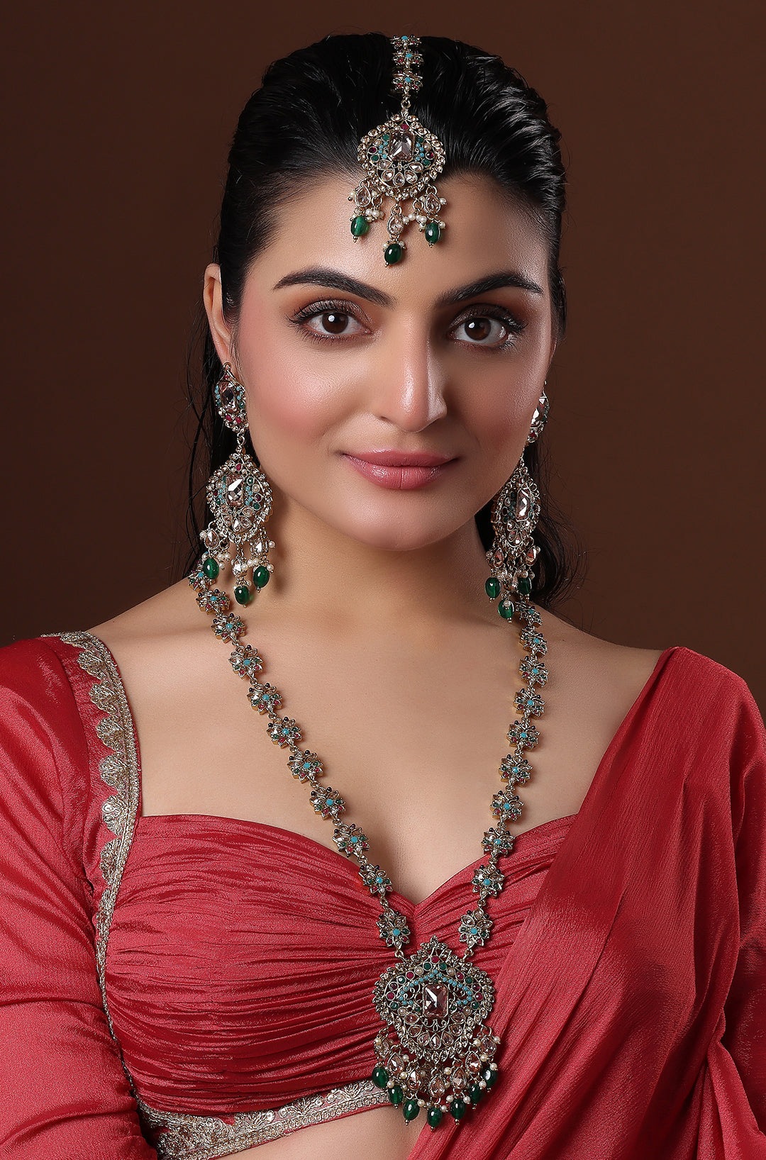 Green Polki Pendant Necklace with Maang Tika