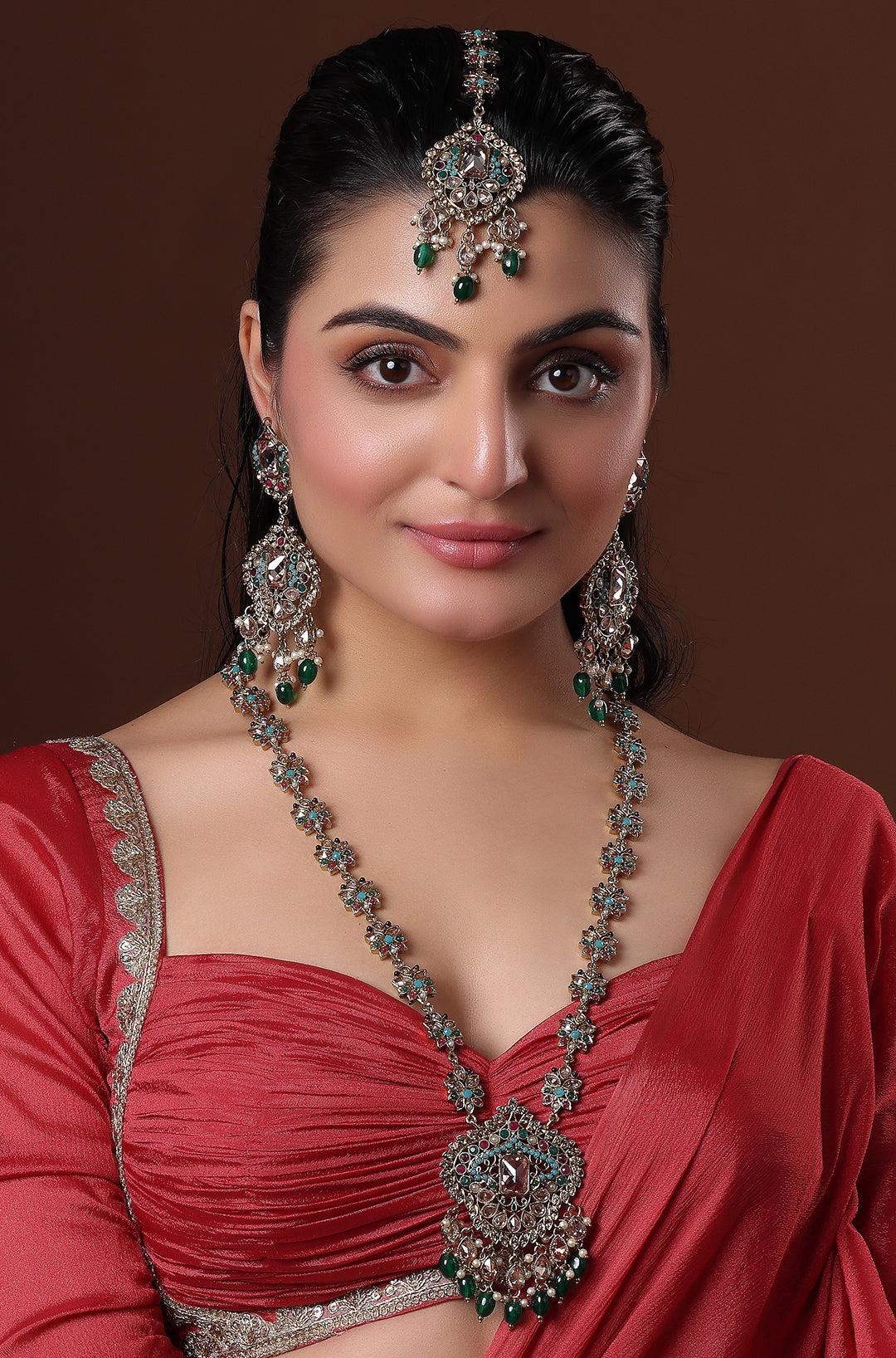 Green Polki Pendant Necklace with Maang Tika
