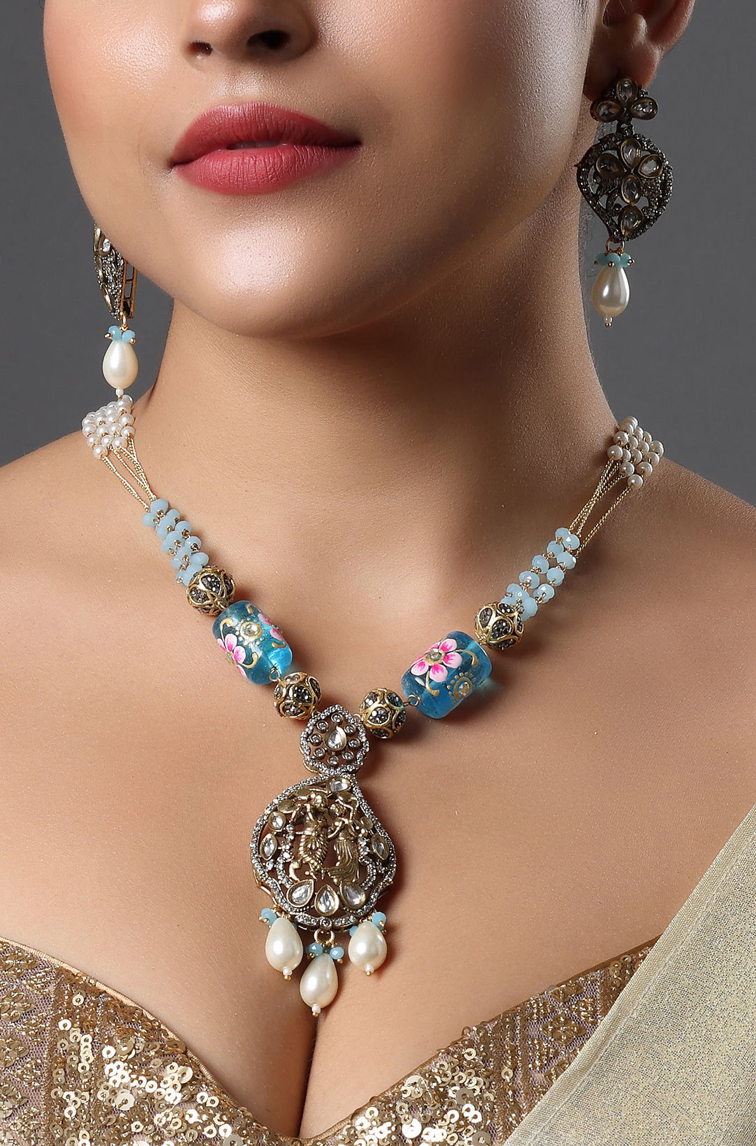 Pastel Meenakari Pearl Pendant Necklace Set