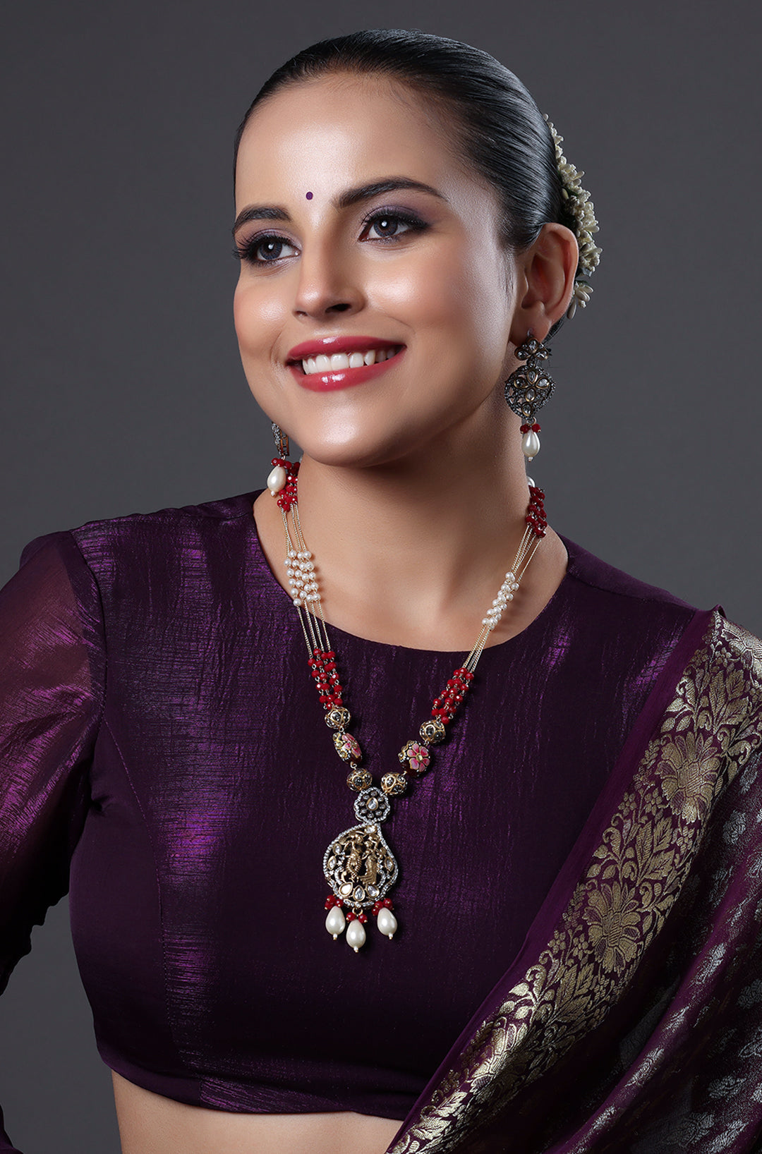 Ruby Pearl Temple Pendant Necklace Set