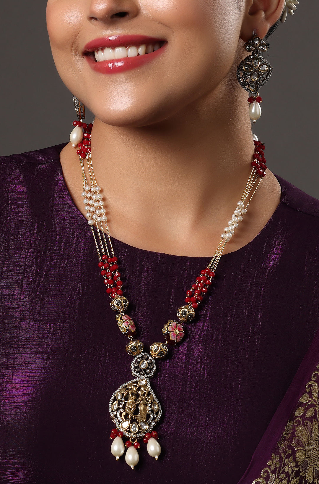 Ruby Pearl Temple Pendant Necklace Set