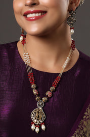 Ruby Pearl Temple Pendant Necklace Set