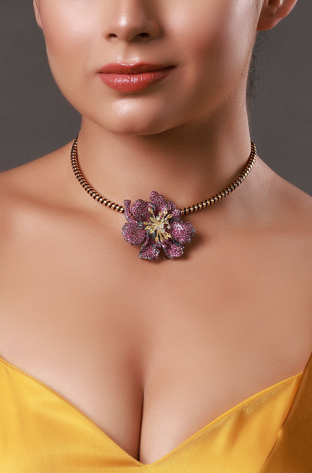 Bold Orchid Pink and Copper Flower Tassel Pendant Necklace