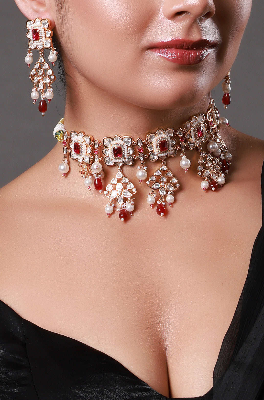 Maroon Red Kundan & Pearls Jadau Choker Necklace
