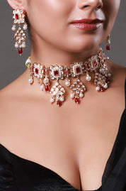 Maroon Red Kundan & Pearls Jadau Choker Necklace