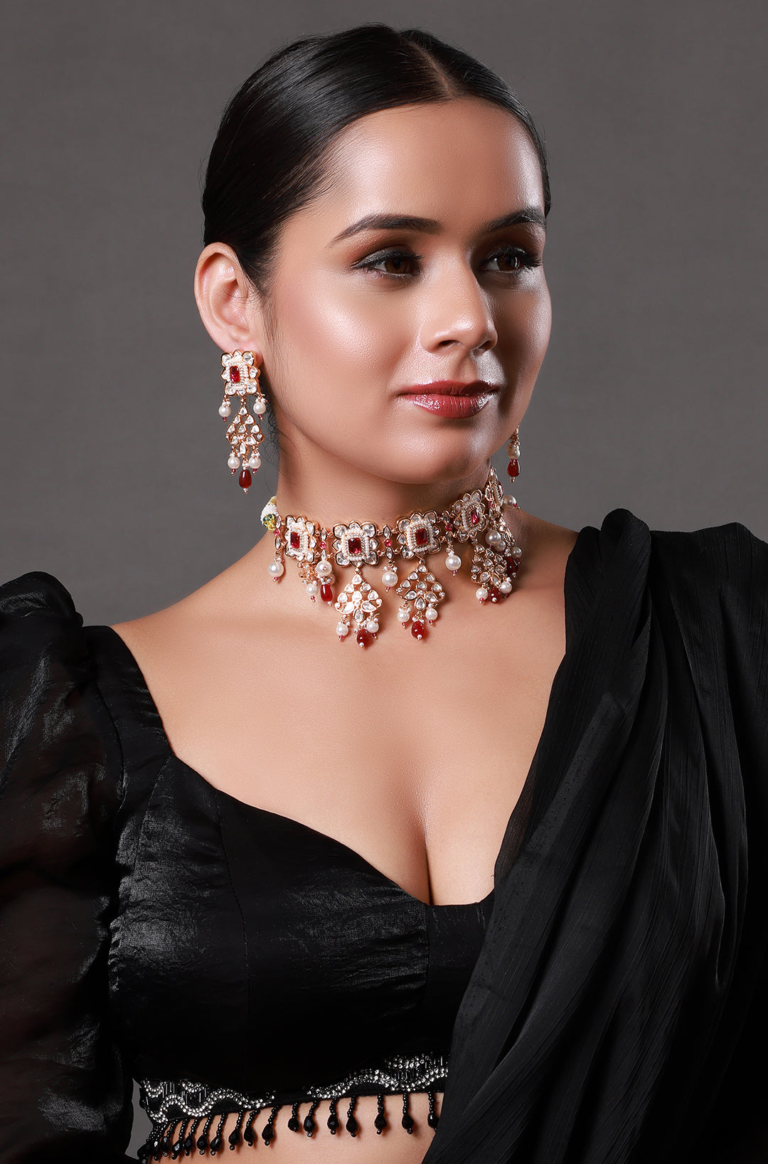 Maroon Red Kundan & Pearls Jadau Choker Necklace