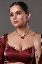 Micron Gold Finish Red Kundan Polki & Onyx Necklace