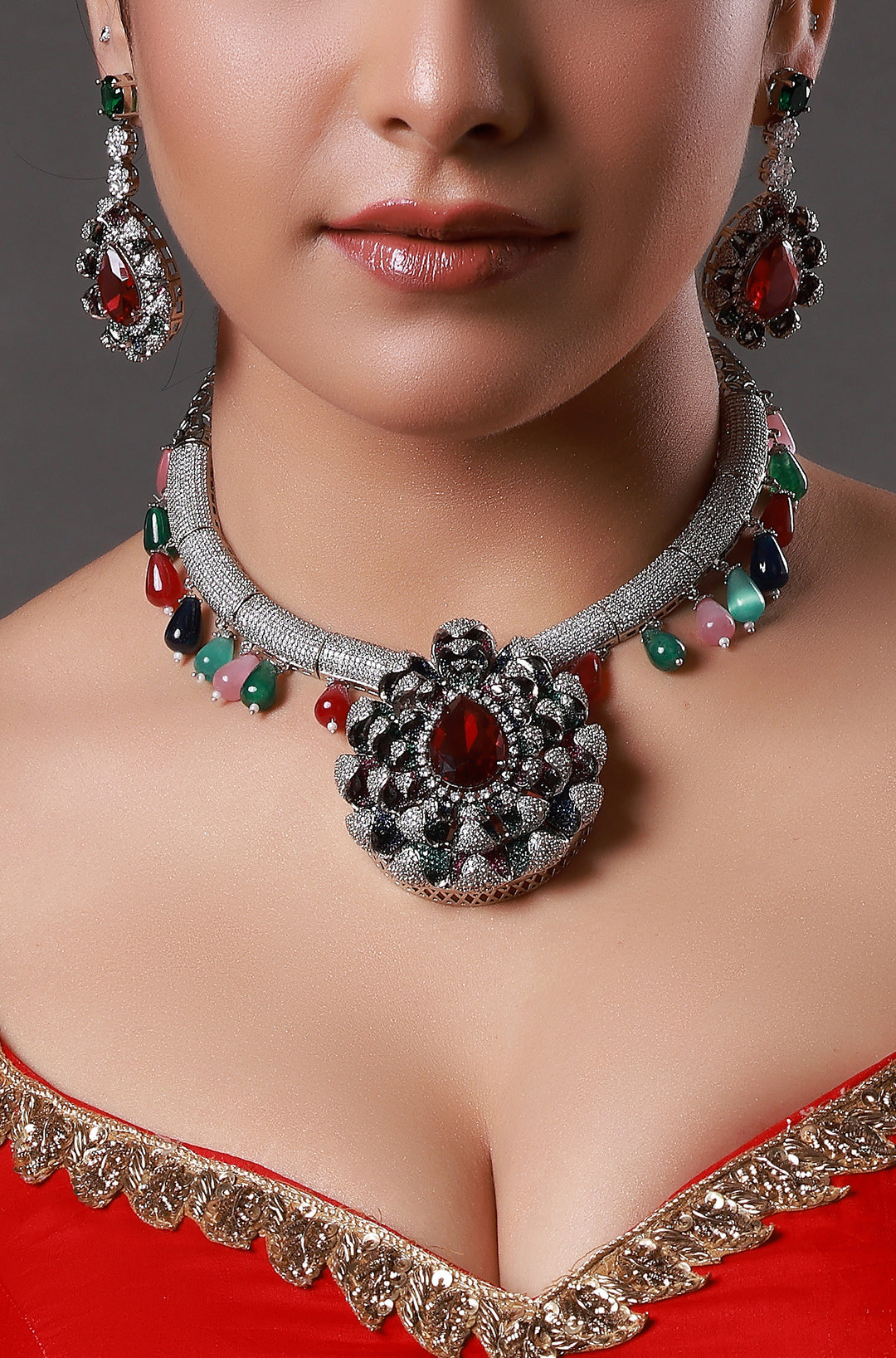 Silver Finish Red Stone Necklace