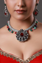 Silver Finish Red Stone Necklace