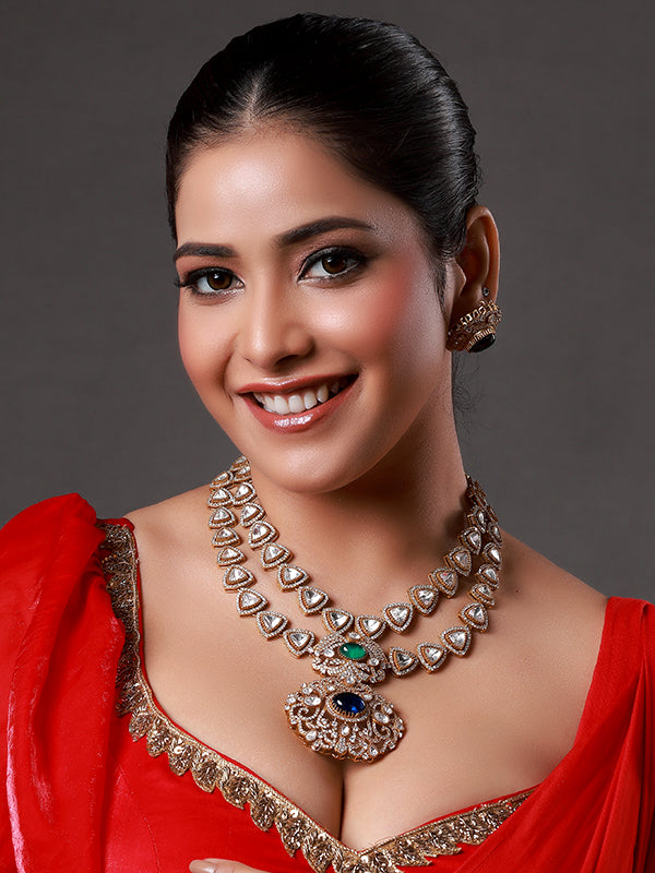 Gold Plated Polki Zircon Mughal Double Layer Necklace