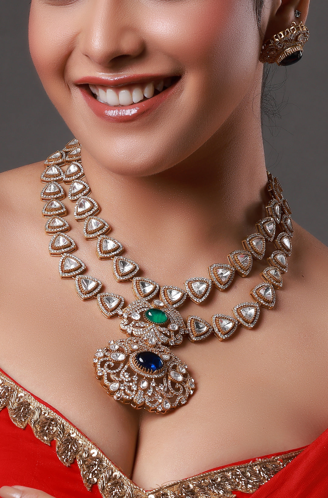 Gold Plated Polki Zircon Mughal Double Layer Necklace