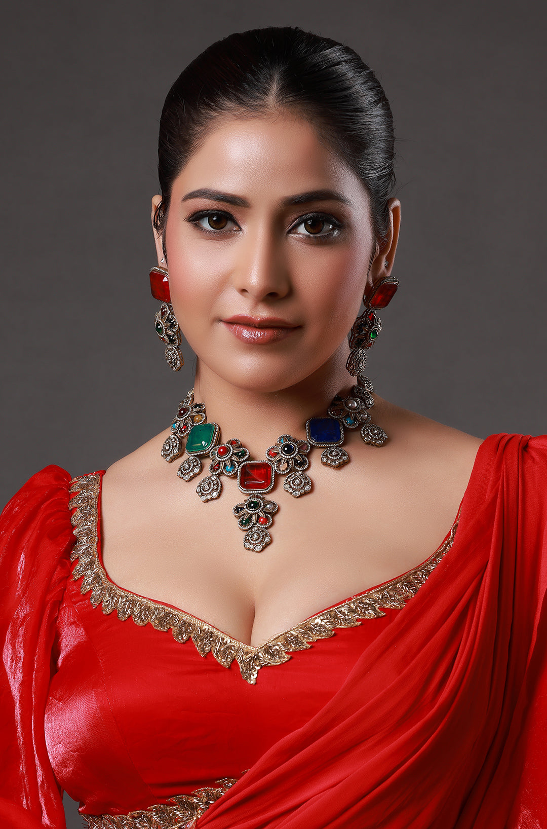 Traditional Multicolor Gemstone and Polki Necklace