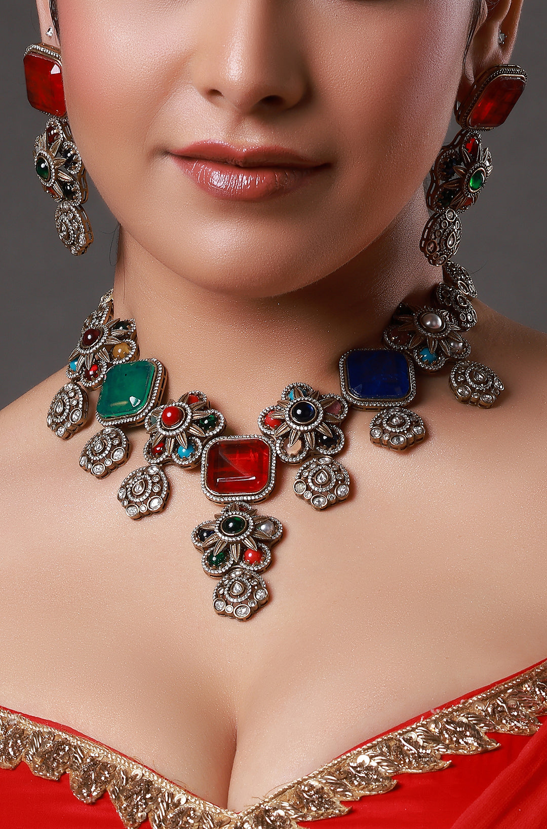 Traditional Multicolor Gemstone and Polki Necklace