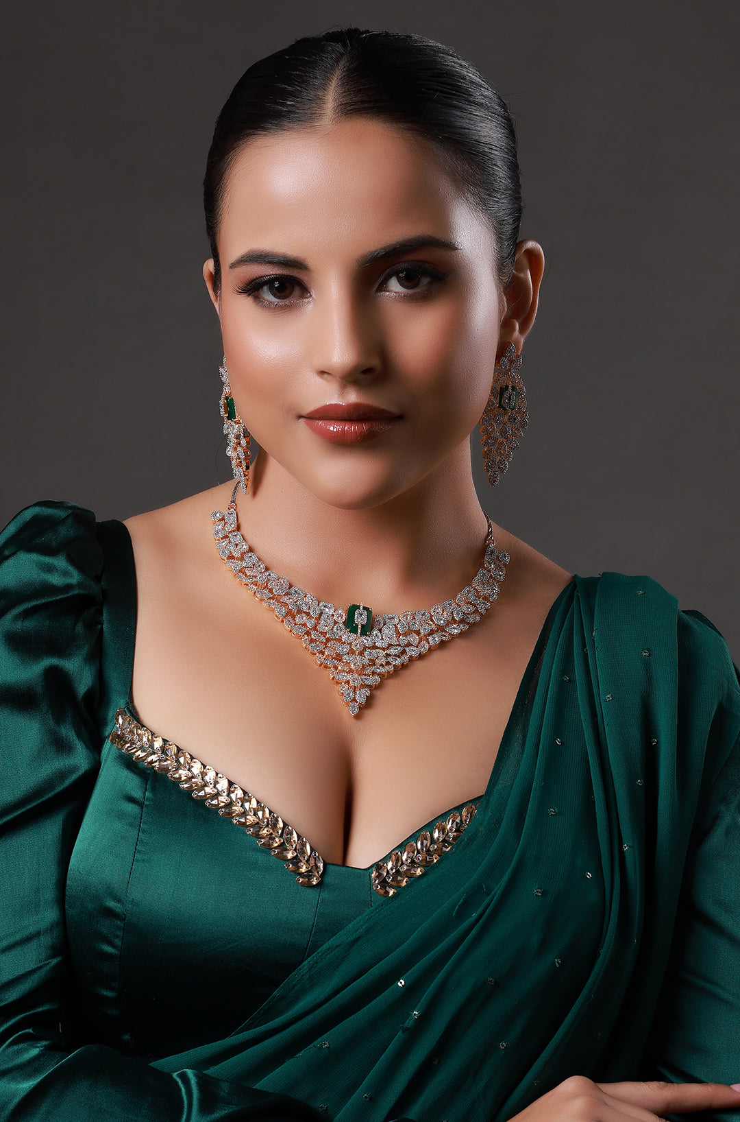 Green Rhodium Gold Plated Ethnic Zircon Necklace