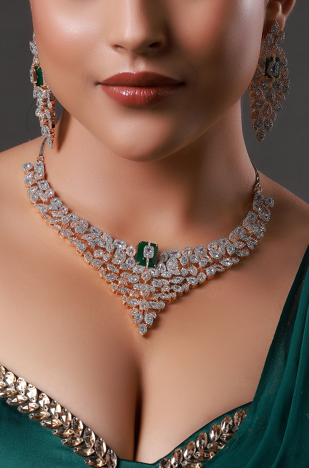 Green Rhodium Gold Plated Ethnic Zircon Necklace