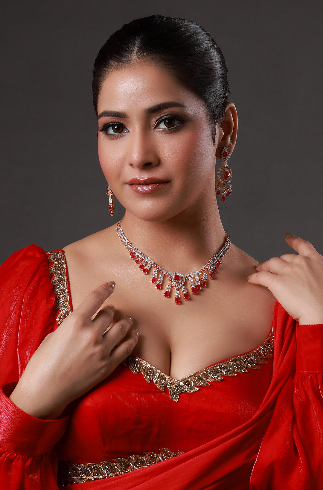 White Finish Zircon & Synthetic Ruby Necklace